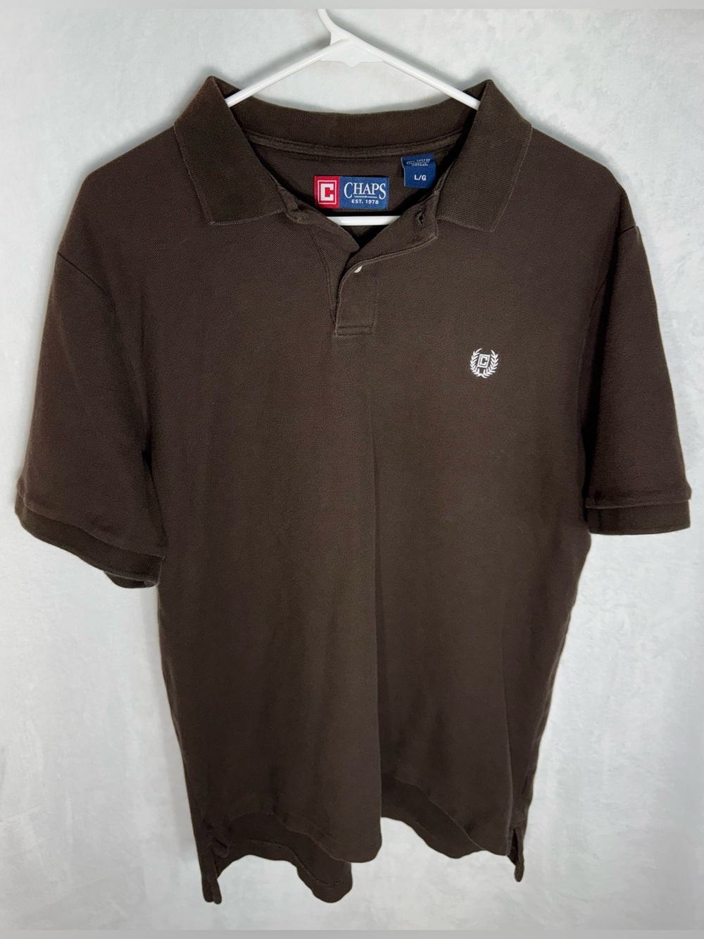 Chaps Regular Brown Solid Logo Embroidered Short Sleeve Collared Knit Polo